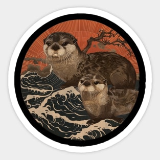Otter with Baby Ukiyo Japanese Style Sticker
